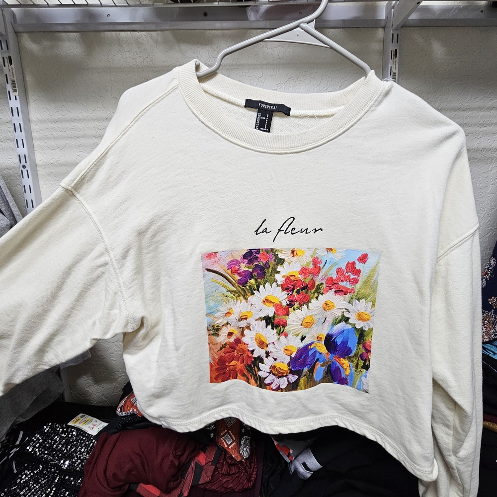 Forever 21 Cream Long Sleeve Tee with Floral Print